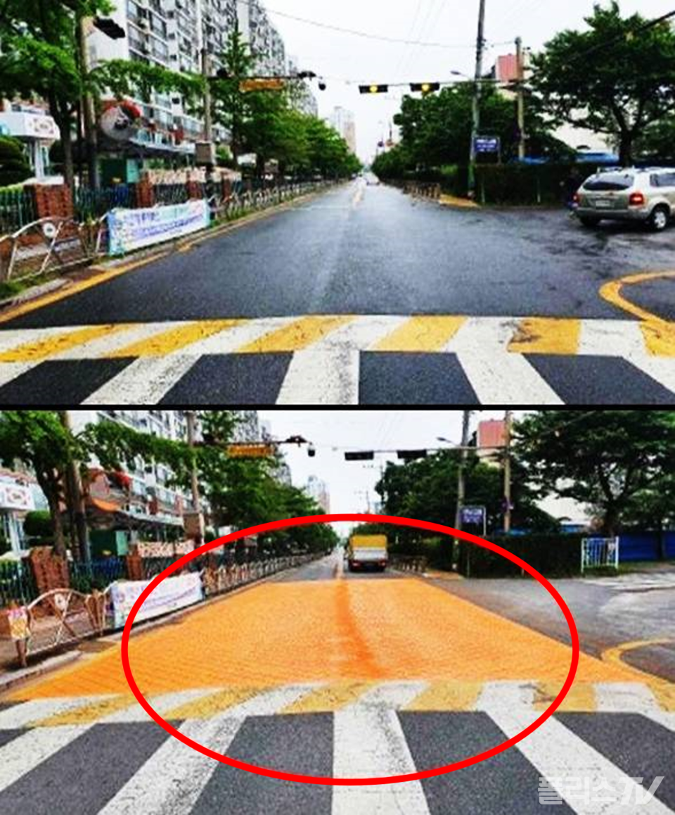 어린이보호구역 교통안전시설 개선 전(위) 개선 후(아래) [사진=전북지방경찰청 제공]