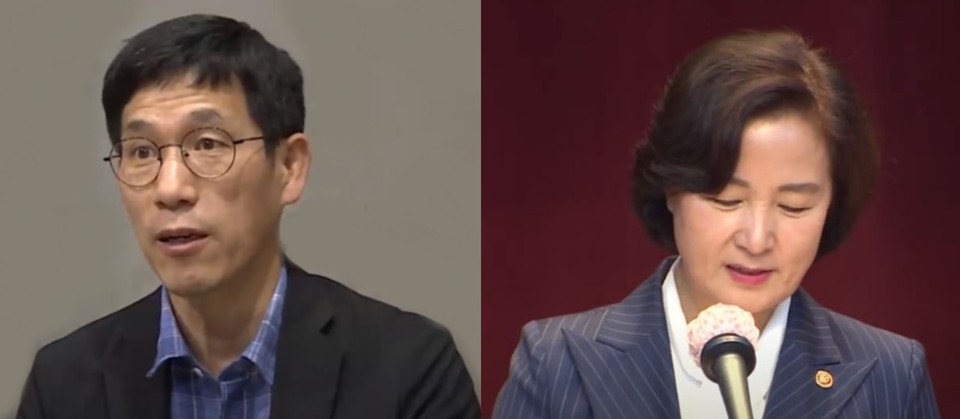 진중권 전 동양대 교수(왼쪽)와 추미애 법무부 장관