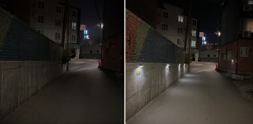 전주완산경찰서는 시민의 안전한 귀갓길을 위한 '솔라 안심등' 73개를 설치했다. 사진은 전주대 인근 원룸촌 골목길의 '솔라 안심등' 설치 전(왼쪽), 후(오른쪽) 사진 [사진=전주완산경찰서 제공]