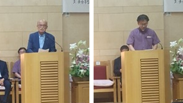 (왼쪽부터) 최규호 장로(한국크리스천포럼 총무) 광고, 김규열 인천제일교회 목사 사회