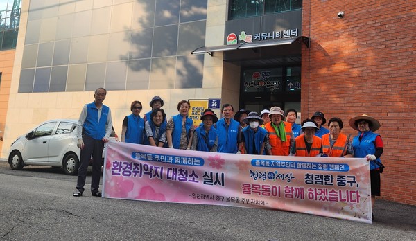 인천시 중구 율목동 주민자치회가 관내 취약지역을 중심으로 ‘가을맞이 환경정비’를 실시하며 기념촬영을 하고 있다.