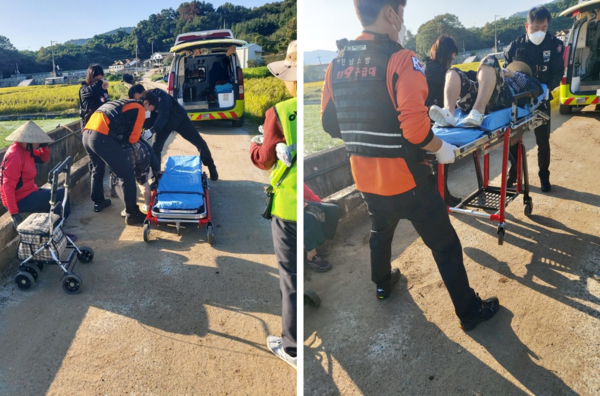  아동안전지킴이로 활동 중인 김태기(남), 류영미(여) 어르신들이 근무 중 실신한 고령의 주민을 발견해 신속히 구조했다. (사진=순천경찰서 제공)